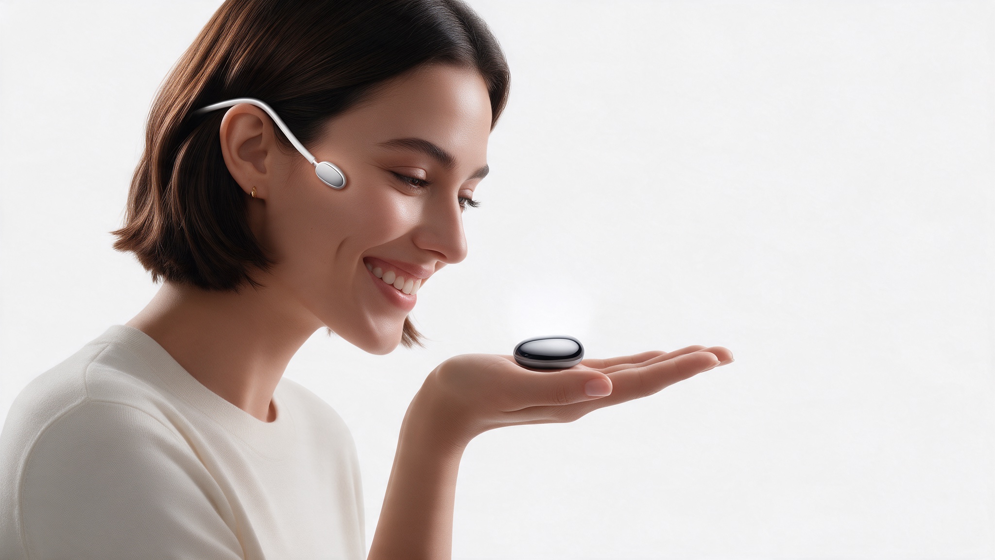 Mujer sonriendo con el auricular sináptico Mac Whisper y la piedra holográfica en la palma de la mano
